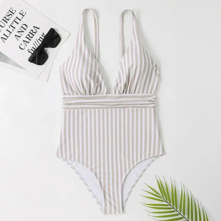 Arabella Stripped Swimsuit In Beige - flat-lay product shot, beige - Miss Mosa By Akanksha