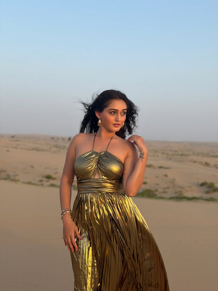 Arafaa Luxe Party Slit Maxi Dress - full-length shot on model, gold - Miss Mosa By Akanksha