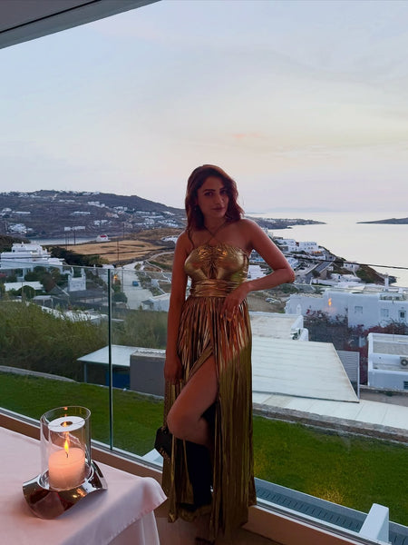 Arafaa Luxe Party Slit Maxi Dress - full-length shot on model, gold - Miss Mosa By Akanksha