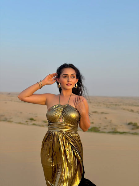 Arafaa Luxe Party Slit Maxi Dress - front shot on model, gold - Miss Mosa By Akanksha
