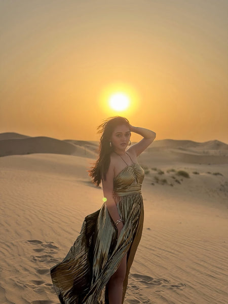Arafaa Luxe Party Slit Maxi Dress - full-length shot on model, gold - Miss Mosa By Akanksha