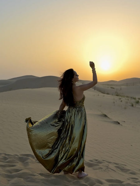 Arafaa Luxe Party Slit Maxi Dress - back shot on model, gold - Miss Mosa By Akanksha
