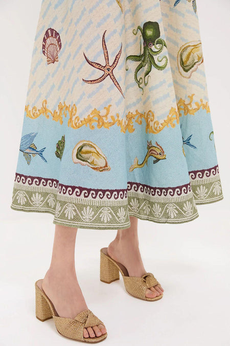 Aralia Printed Summer Dress In Off-White - close-up of printed hem detail - Miss Mosa By Akanksha