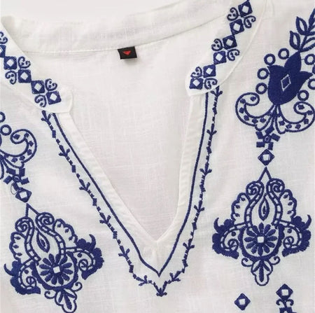 Ari Embroidered Summer Top In White - close-up of neckline embroidery detail - Miss Mosa By Akanksha