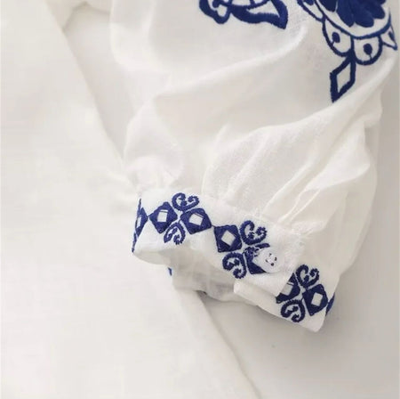 Ari Embroidered Summer Top In White - close-up of cuff embroidery detail - Miss Mosa By Akanksha