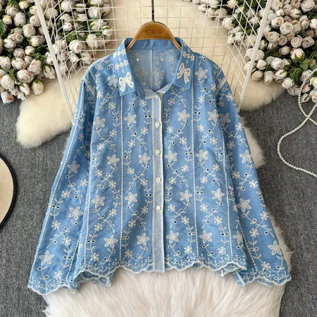 Aria Premium Embroidered Cotton Shirts In Blue - front shot on hanger - Miss Mosa By Akanksha