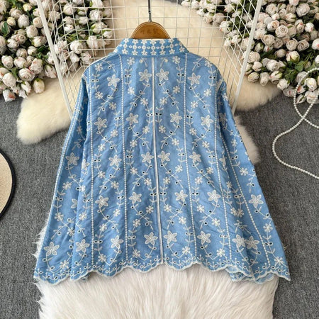 Aria Premium Embroidered Cotton Shirts In Blue - front shot on hanger - Miss Mosa By Akanksha