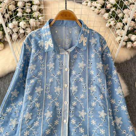 Aria Premium Embroidered Cotton Shirts In Blue - front shot on hanger - Miss Mosa By Akanksha