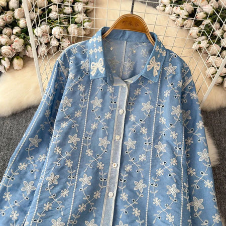 Aria Premium Embroidered Cotton Shirts In Blue - front shot on hanger - Miss Mosa By Akanksha