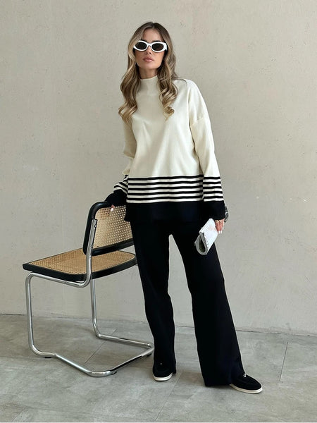 Ariana Striped Premium Winter Coord Set - Tracksuit - full-length front shot on model, cream and black - Miss Mosa By Akanksha