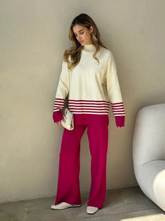 Ariana Striped Premium Winter Coord Set - Tracksuit - full-length front shot on model, cream and magenta - Miss Mosa By Akanksha