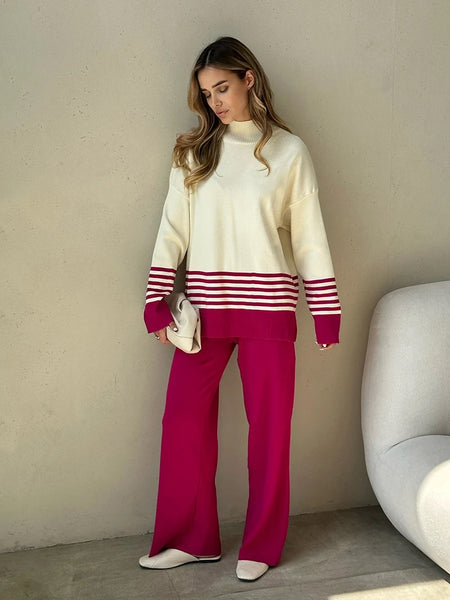 Ariana Striped Premium Winter Coord Set - Tracksuit - full-length front shot on model, cream and magenta - Miss Mosa By Akanksha