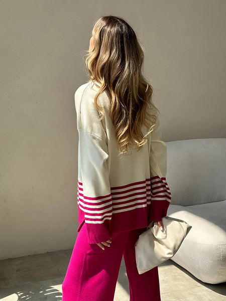 Ariana Striped Premium Winter Coord Set - Tracksuit - back shot on model, cream and magenta - Miss Mosa By Akanksha