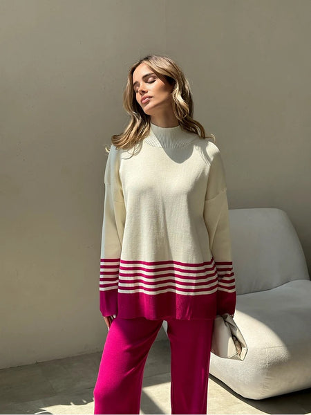 Ariana Striped Premium Winter Coord Set - Tracksuit - front shot on model, cream and magenta - Miss Mosa By Akanksha