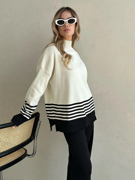 Ariana Striped Premium Winter Coord Set - Tracksuit - front shot on model, cream and black - Miss Mosa By Akanksha
