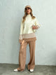 Ariana Striped Premium Winter Coord Set - Tracksuit - full-length front shot on model, cream and camel - Miss Mosa By Akanksha