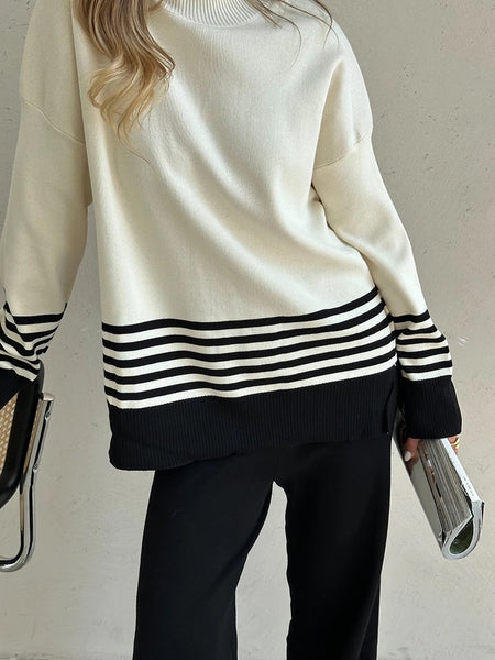Ariana Striped Premium Winter Coord Set - Tracksuit - back shot on model, cream and black - Miss Mosa By Akanksha