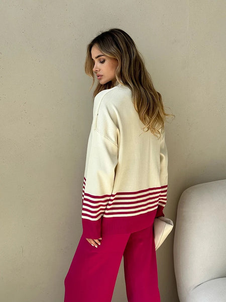 Ariana Striped Premium Winter Coord Set - Tracksuit - back shot on model, cream and magenta - Miss Mosa By Akanksha