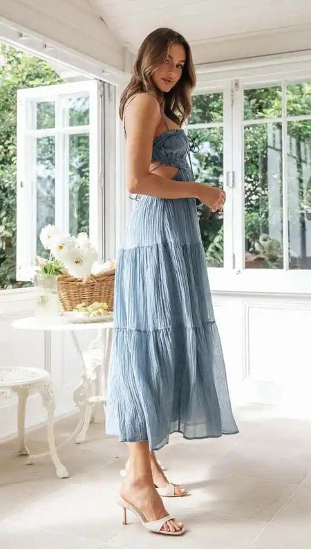 Ariana Summer Dress - back shot on model, blue - Miss Mosa By Akanksha