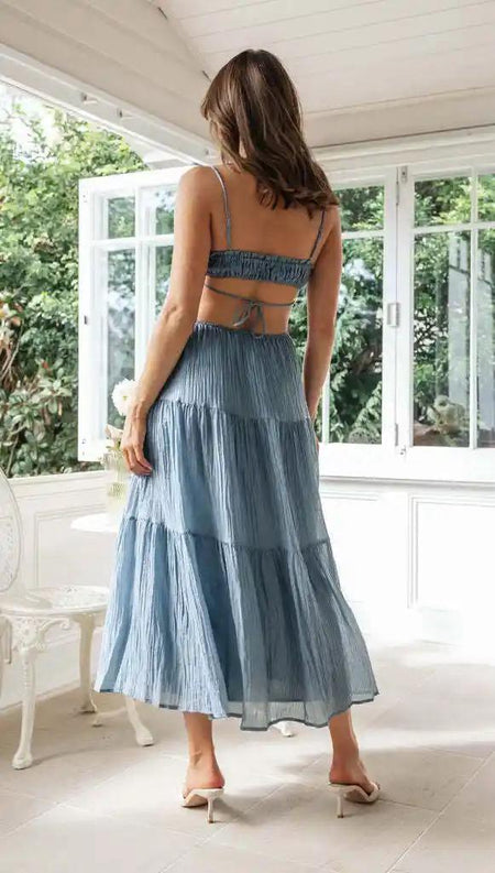 Ariana Summer Dress - side shot on model, blue - Miss Mosa By Akanksha