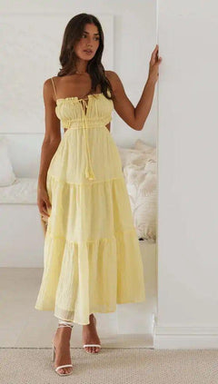 Ariana Summer Dress - front shot on model, yellow - Miss Mosa By Akanksha