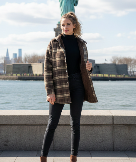 Ariane Fleece Oversized Woolen Shirt - full-length styled shot, brown check - Miss Mosa By Akanksha