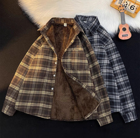 Ariane Fleece Oversized Woolen Shirt - flat-lay shot, brown and navy check - Miss Mosa By Akanksha