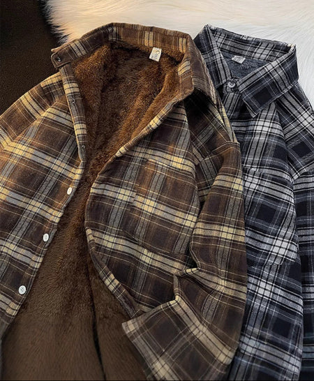 Ariane Fleece Oversized Woolen Shirt - collar detail flat-lay shot, brown and navy check - Miss Mosa By Akanksha