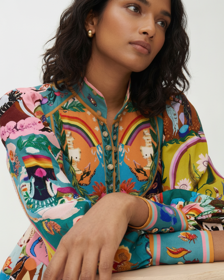 Arica Summer Abstract Printed Dress In Multicolour - close-up of printed bodice - Miss Mosa By Akanksha