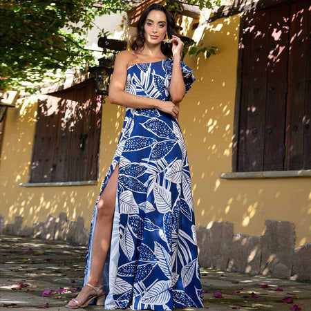Arica Swimsuit With Skirt In Blue - full-length shot on model outdoors - Miss Mosa By Akanksha