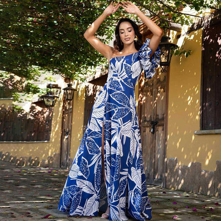 Arica Swimsuit With Skirt In Blue - full-length shot on model outdoors - Miss Mosa By Akanksha