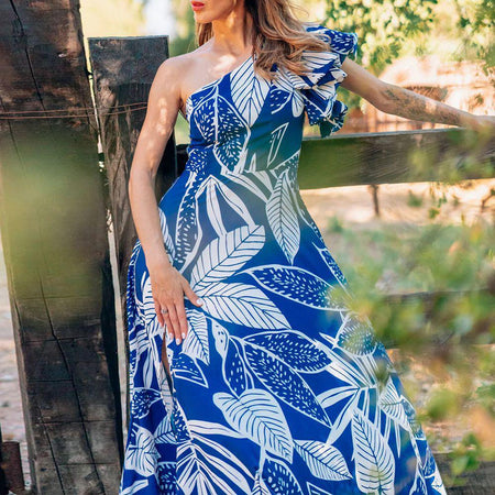 Arica Swimsuit With Skirt In Blue - side shot on model outdoors - Miss Mosa By Akanksha