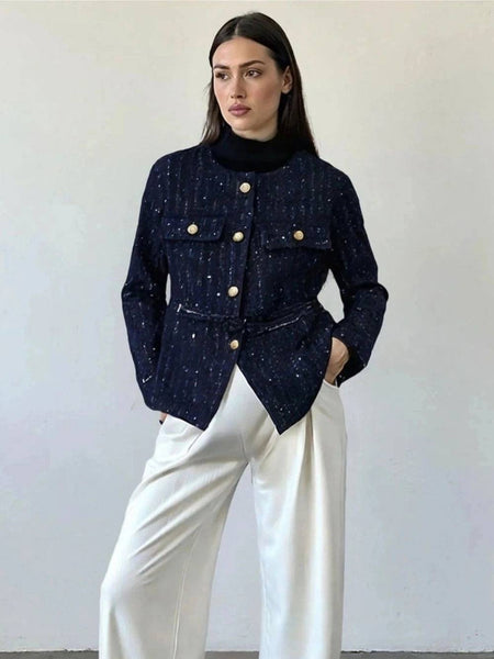 Aries Statement Tweed Jacket - front shot on model, navy blue - Miss Mosa By Akanksha