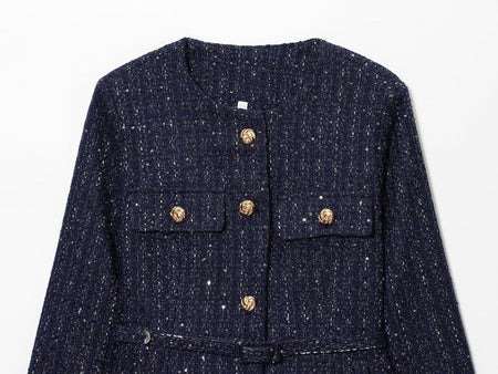 Aries Statement Tweed Jacket - close-up of bodice detail, navy blue - Miss Mosa By Akanksha