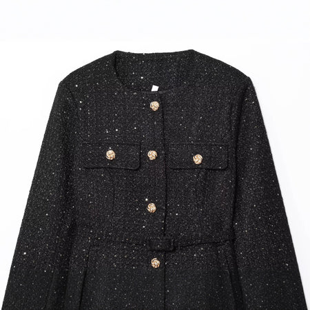 Aries Statement Tweed Jacket - close-up of bodice detail, black - Miss Mosa By Akanksha