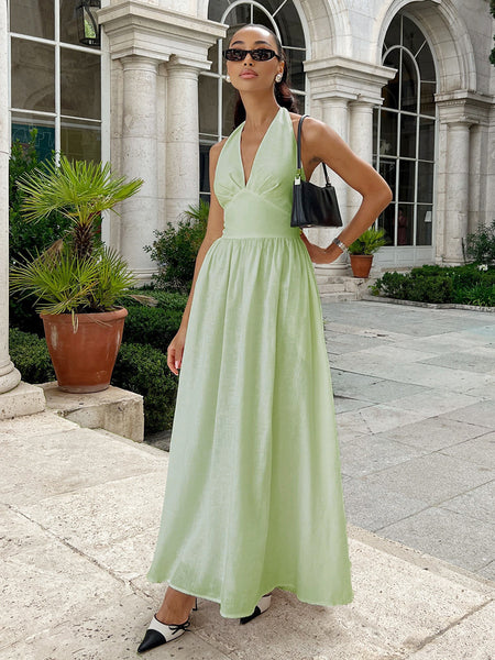 Arina Halterneck Summer Holiday Dress - full-length front shot on model, light green - Miss Mosa By Akanksha