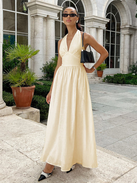 Arina Halterneck Summer Holiday Dress - full-length front shot on model, cream - Miss Mosa By Akanksha
