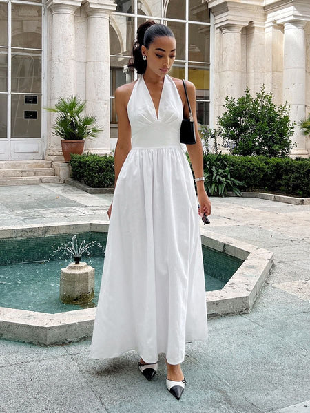 Arina Halterneck Summer Holiday Dress - full-length front shot on model, white - Miss Mosa By Akanksha