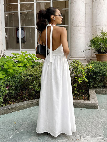 Arina Halterneck Summer Holiday Dress - full-length back shot on model, white - Miss Mosa By Akanksha