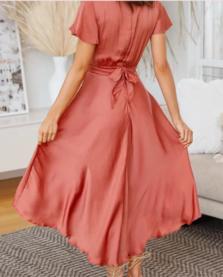 Arina Satin Dress - back shot on model, pink - Miss Mosa By Akanksha