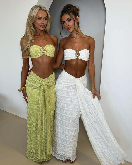 Aroma Summer Coord Set-Resortwear In White - close-up front shot on two models - Miss Mosa By Akanksha