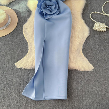 Arrow Statement Dress In Blue - flat-lay product shot of dress with thigh slit - Miss Mosa By Akanksha
