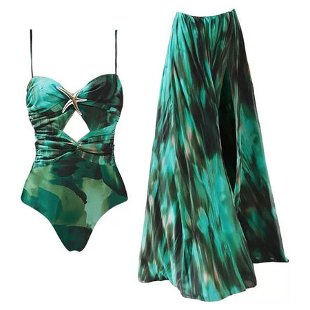 Aspen Swimsuit With Sarong Skirt In Dark Green - flat-lay shot of swimsuit and skirt - Miss Mosa By Akanksha