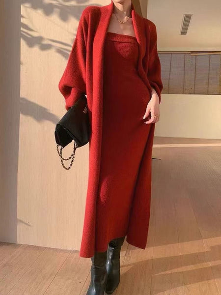 Asta Off Shoulder Dress With Cape - full-length shot on model, red - Miss Mosa By Akanksha