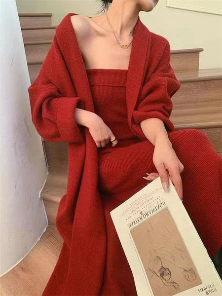 Asta Off Shoulder Dress With Cape - seated shot on model, red - Miss Mosa By Akanksha