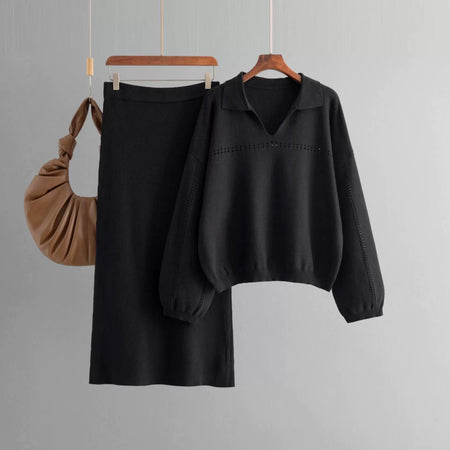 Aster Premium Woolen Coord Set - Sweater with Skirt - flat-lay shot on hangers, black - Miss Mosa By Akanksha