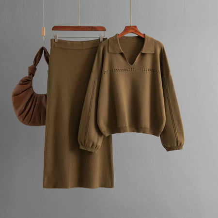 Aster Premium Woolen Coord Set - Sweater with Skirt - flat-lay shot on hangers, brown - Miss Mosa By Akanksha