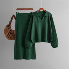 Aster Premium Woolen Coord Set - Sweater with Skirt - flat-lay shot on hangers, green - Miss Mosa By Akanksha