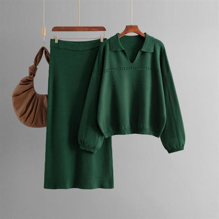 Aster Premium Woolen Coord Set - Sweater with Skirt - flat-lay shot on hangers, green - Miss Mosa By Akanksha