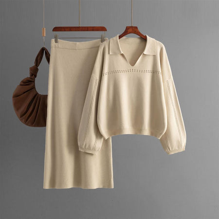 Aster Premium Woolen Coord Set - Sweater with Skirt - flat-lay shot on hangers, beige - Miss Mosa By Akanksha